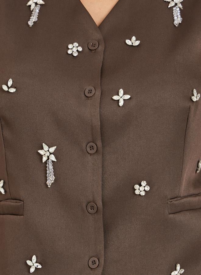 Styli Women Brown Embellished Sleeveless Waistcoat - Image 2